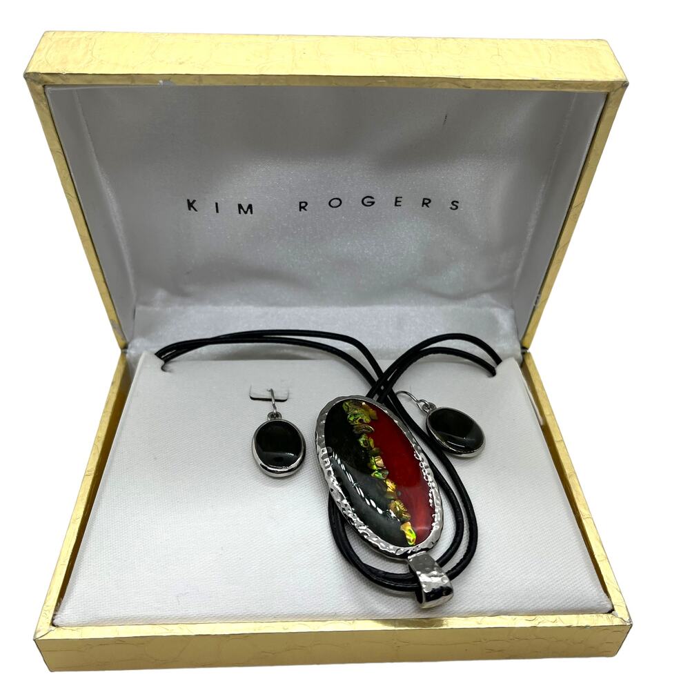 Kim Rogers Necklace Set Earrings In Box New Silvertone Red Black Statement Piece